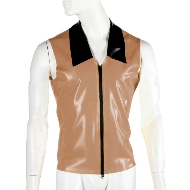 Fashion Men Patent Leather Jacket Shiny PVC Vinyl Sleeveless Turn-Down Collar Shiny Club Slim Tops Streetwear Male Zipper Shirt