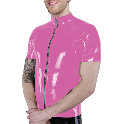 Men Punk Style Shiny Pink Patent Leather Shirt Summer Short Sleeve Zipper PVC Vinyl Blouse Male Slim Fit Stretch Casual Tops 7XL