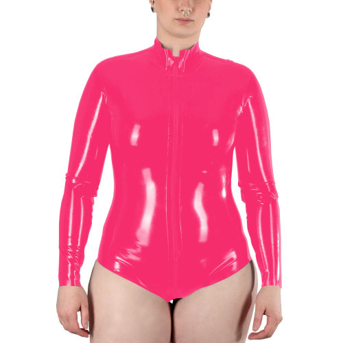 Women's Fashionable Leather Solid Color Shiny Long Sleeve Bodysuit Casual One-pieces Bodysuits Catsuit Overalls Shiny PVC Romper