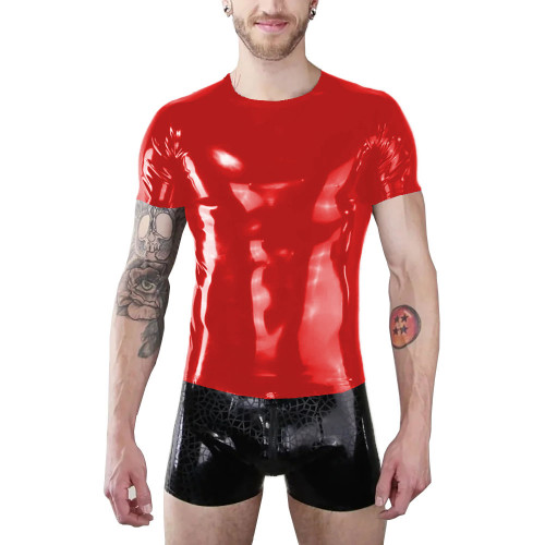 Mens Patent Leather T-shirt Coat Wet Look Clubwear PVC Leather O-Neck Shirts Club Costume Male Streetwear Summer Jacket Tops 7XL