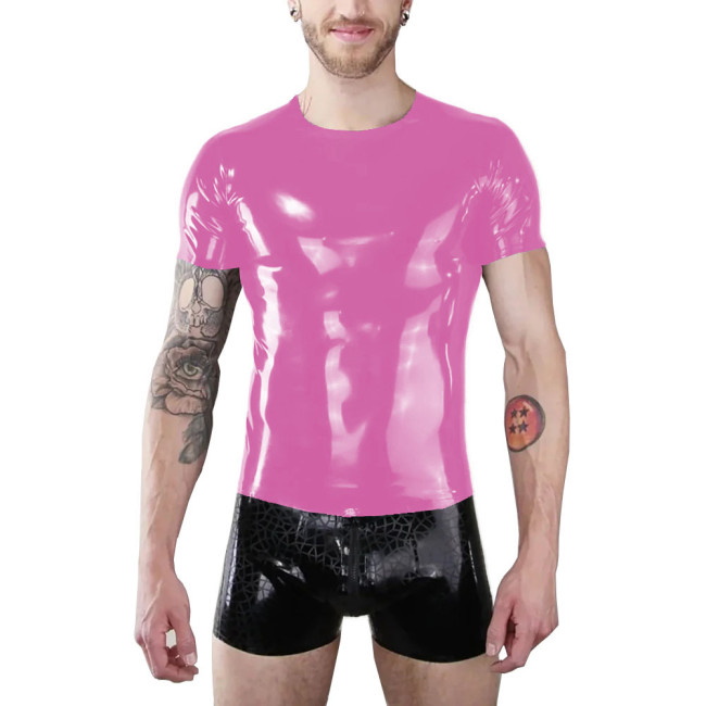 Mens Patent Leather T-shirt Coat Wet Look Clubwear PVC Leather O-Neck Shirts Club Costume Male Streetwear Summer Jacket Tops 7XL
