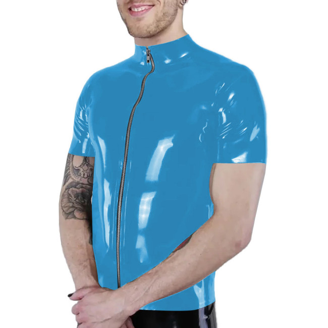 Men Punk Style Shiny Pink Patent Leather Shirt Summer Short Sleeve Zipper PVC Vinyl Blouse Male Slim Fit Stretch Casual Tops 7XL