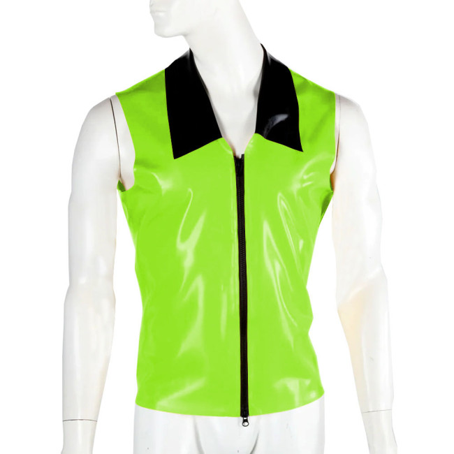 Fashion Men Patent Leather Jacket Shiny PVC Vinyl Sleeveless Turn-Down Collar Shiny Club Slim Tops Streetwear Male Zipper Shirt