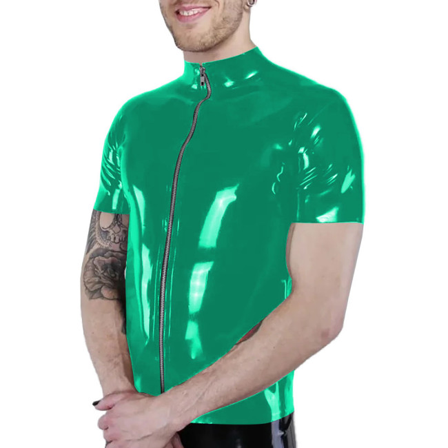 Men Punk Style Shiny Pink Patent Leather Shirt Summer Short Sleeve Zipper PVC Vinyl Blouse Male Slim Fit Stretch Casual Tops 7XL