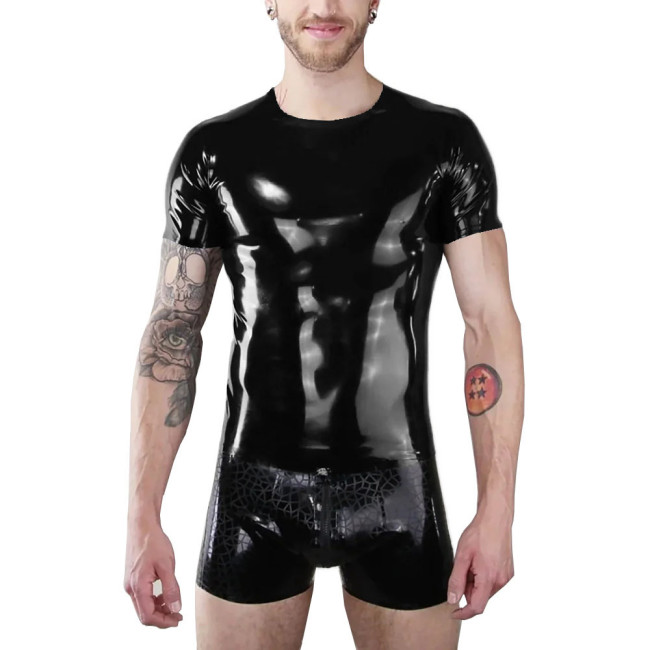 Mens Patent Leather T-shirt Coat Wet Look Clubwear PVC Leather O-Neck Shirts Club Costume Male Streetwear Summer Jacket Tops 7XL