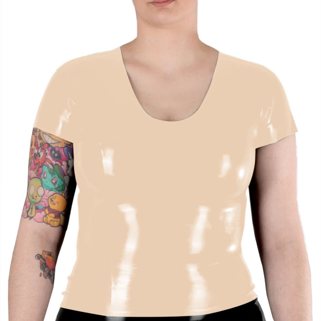 New Fashion Women Short Sleeve T Shirts Shiny Patent Leather V Neck Slim Fitness Blouse PVC Leather Casual Suit Pink Shirts Top