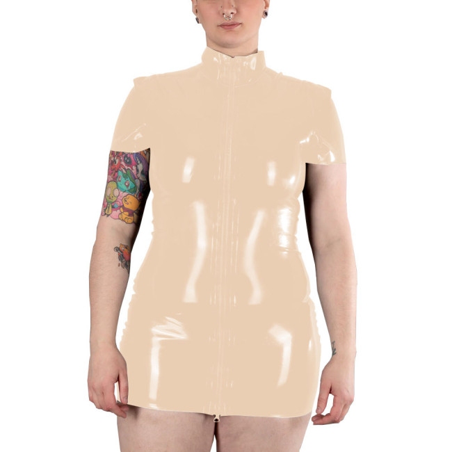 Short Sleeve Zipper Front Bodycon Dress Women Autumn Summer Sexy Solid Color Patent Leather Mini Dress Ladies PVC Costume Party
