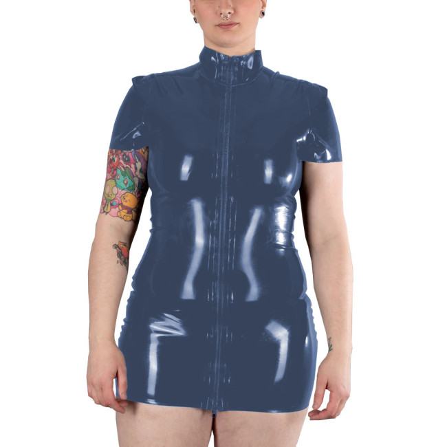 Short Sleeve Zipper Front Bodycon Dress Women Autumn Summer Sexy Solid Color Patent Leather Mini Dress Ladies PVC Costume Party