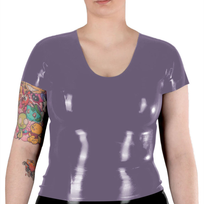 New Fashion Women Short Sleeve T Shirts Shiny Patent Leather V Neck Slim Fitness Blouse PVC Leather Casual Suit Pink Shirts Top