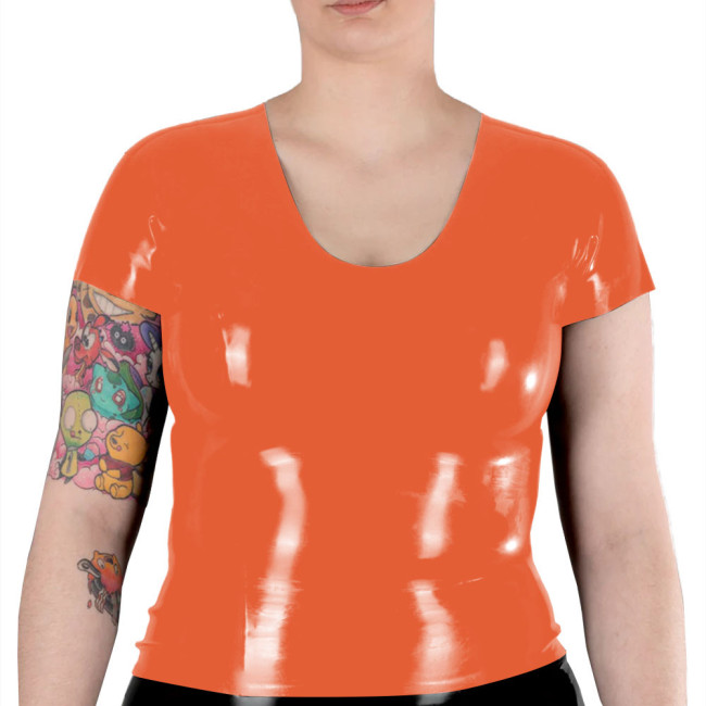 New Fashion Women Short Sleeve T Shirts Shiny Patent Leather V Neck Slim Fitness Blouse PVC Leather Casual Suit Pink Shirts Top