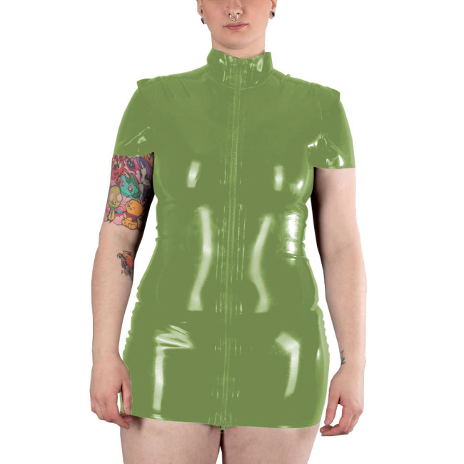Short Sleeve Zipper Front Bodycon Dress Women Autumn Summer Sexy Solid Color Patent Leather Mini Dress Ladies PVC Costume Party