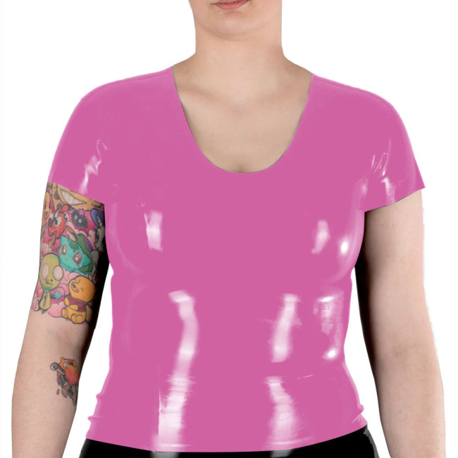 New Fashion Women Short Sleeve T Shirts Shiny Patent Leather V Neck Slim Fitness Blouse PVC Leather Casual Suit Pink Shirts Top