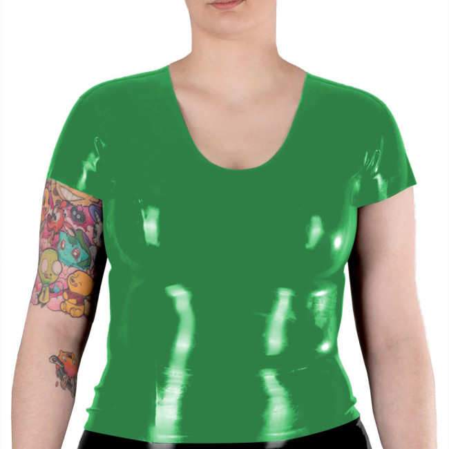 New Fashion Women Short Sleeve T Shirts Shiny Patent Leather V Neck Slim Fitness Blouse PVC Leather Casual Suit Pink Shirts Top