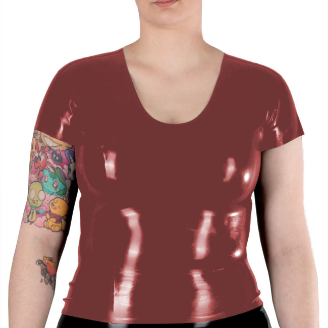 New Fashion Women Short Sleeve T Shirts Shiny Patent Leather V Neck Slim Fitness Blouse PVC Leather Casual Suit Pink Shirts Top