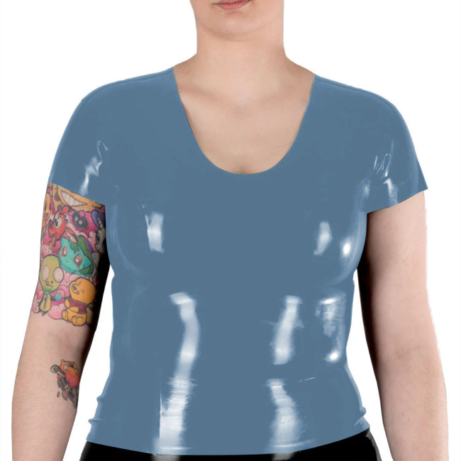 New Fashion Women Short Sleeve T Shirts Shiny Patent Leather V Neck Slim Fitness Blouse PVC Leather Casual Suit Pink Shirts Top