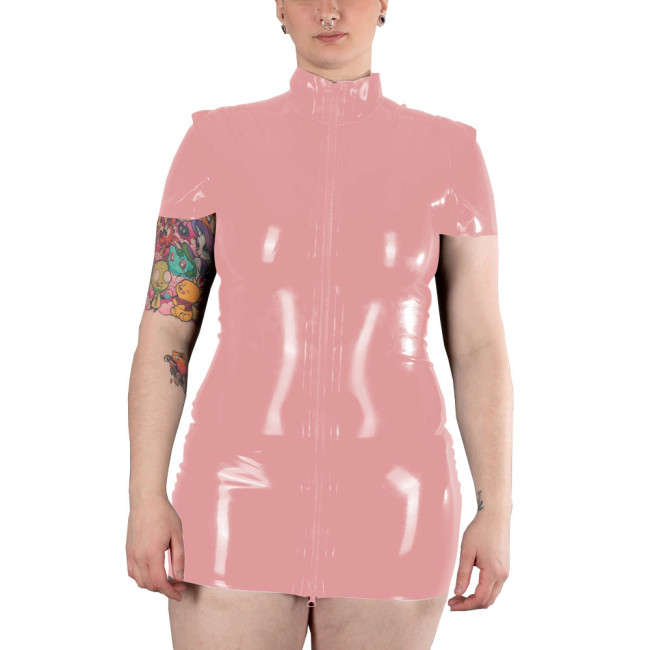 Short Sleeve Zipper Front Bodycon Dress Women Autumn Summer Sexy Solid Color Patent Leather Mini Dress Ladies PVC Costume Party