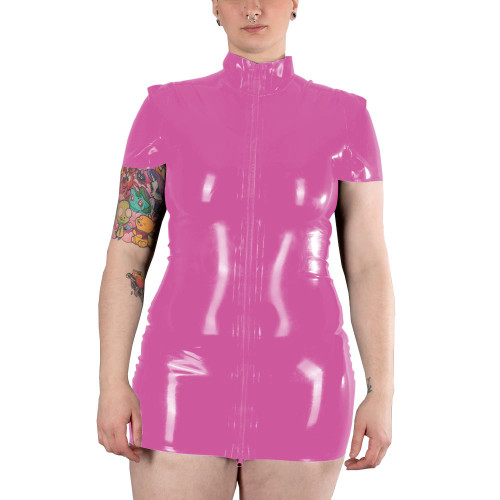 Short Sleeve Zipper Front Bodycon Dress Women Autumn Summer Sexy Solid Color Patent Leather Mini Dress Ladies PVC Costume Party