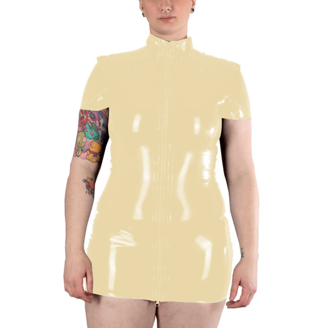 Short Sleeve Zipper Front Bodycon Dress Women Autumn Summer Sexy Solid Color Patent Leather Mini Dress Ladies PVC Costume Party