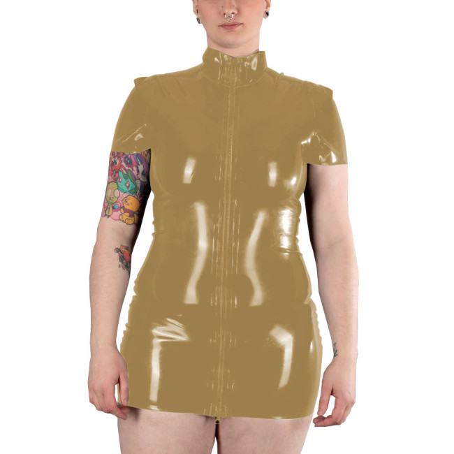 Short Sleeve Zipper Front Bodycon Dress Women Autumn Summer Sexy Solid Color Patent Leather Mini Dress Ladies PVC Costume Party
