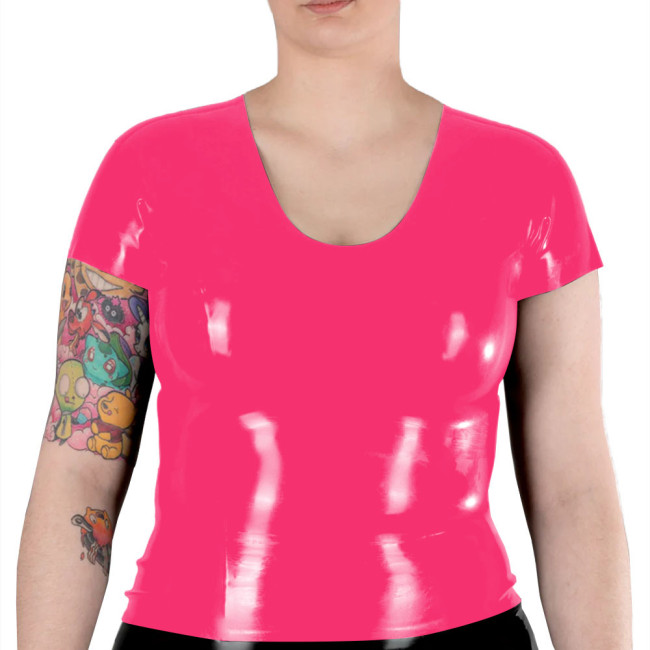 New Fashion Women Short Sleeve T Shirts Shiny Patent Leather V Neck Slim Fitness Blouse PVC Leather Casual Suit Pink Shirts Top
