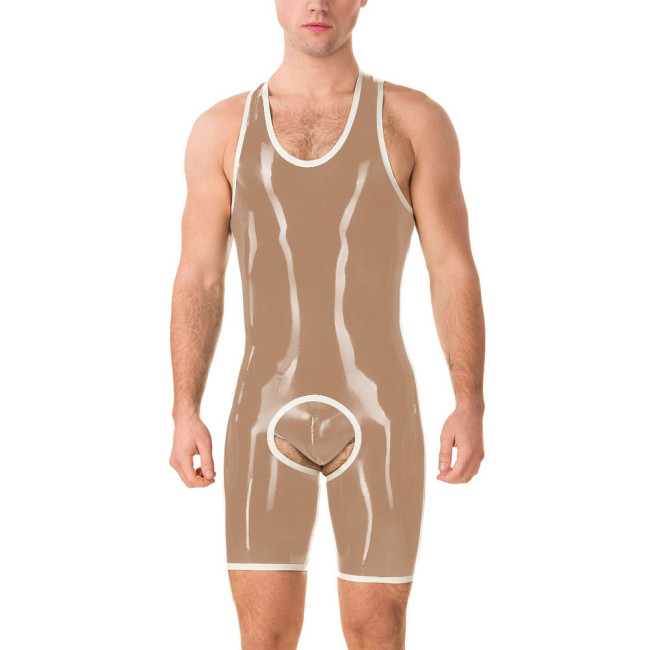 Men Exotic Glossy PVC Open Crotch Bodysuits Male Wetlook Open Butt Boxershorts Jumpsuit with Panties Lingerie Playsuits Clubwear