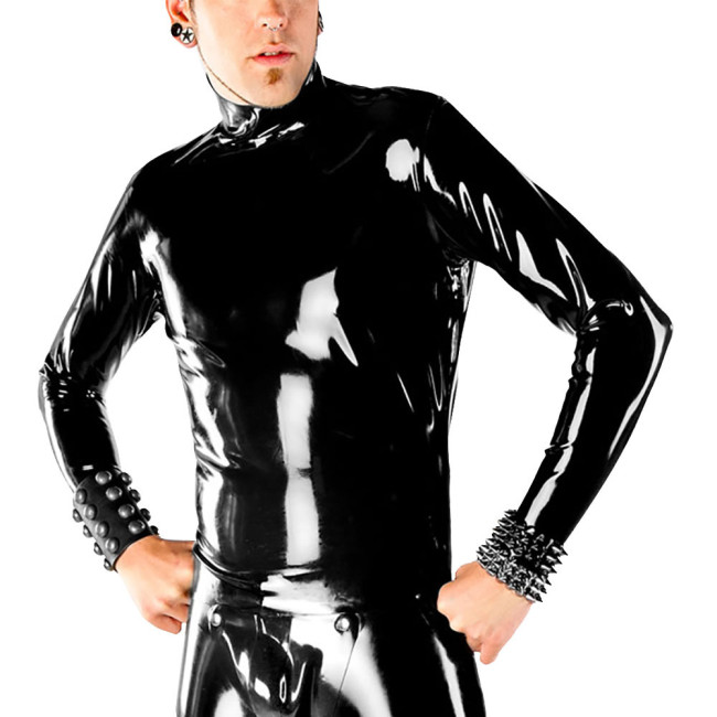 Mens Glossy T-shirt Fashion Slim Fit Mock Neck Shirt Top Wet PVC Leather Long Sleeve Back Zipper Tops Sex Muscle Male Clubwear
