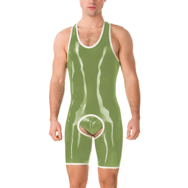 Men Exotic Glossy PVC Open Crotch Bodysuits Male Wetlook Open Butt Boxershorts Jumpsuit with Panties Lingerie Playsuits Clubwear