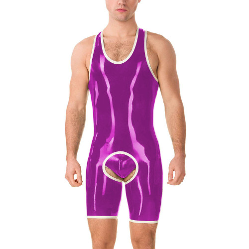 Men Exotic Glossy PVC Open Crotch Bodysuits Male Wetlook Open Butt Boxershorts Jumpsuit with Panties Lingerie Playsuits Clubwear