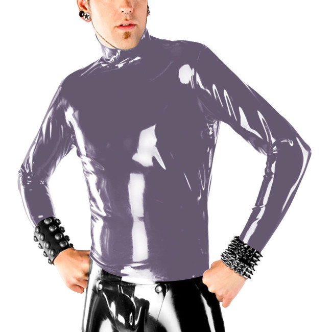 Mens Glossy T-shirt Fashion Slim Fit Mock Neck Shirt Top Wet PVC Leather Long Sleeve Back Zipper Tops Sex Muscle Male Clubwear