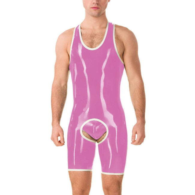 Men Exotic Glossy PVC Open Crotch Bodysuits Male Wetlook Open Butt Boxershorts Jumpsuit with Panties Lingerie Playsuits Clubwear