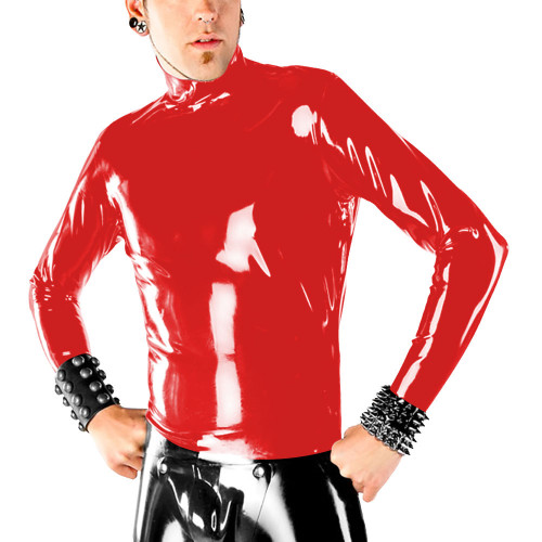 Mens Glossy T-shirt Fashion Slim Fit Mock Neck Shirt Top Wet PVC Leather Long Sleeve Back Zipper Tops Sex Muscle Male Clubwear