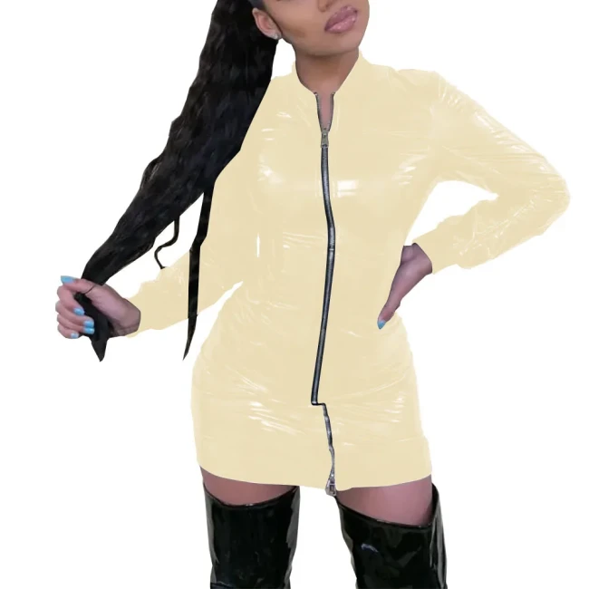 Hot Girls Glossy Bodcon Mini Dress Wetlook Patent Leather Long Sleeve Vestidos Party Night Club Dress Womens Clubwear S-7XL