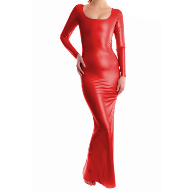 Women Sexy Long Sleeve Low O-neck Solid Long Dress Slim Fit High Waist Elegant Autumn Bodycon Zipper Back Leather Evening Dress