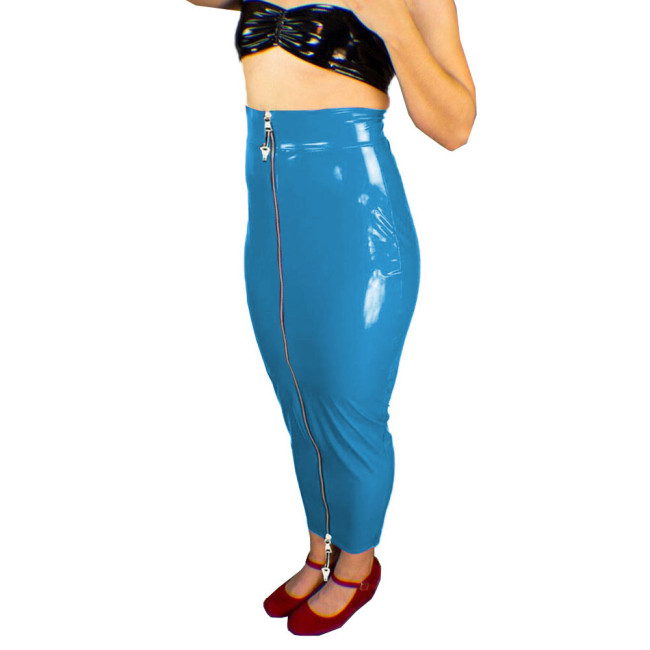 New Lockable Hobble Skirts Female Patent Leather Bodycon Slim Long Skirts Sissy Shiny Two Way Zipper Pencil Skirts Erotic Fetish