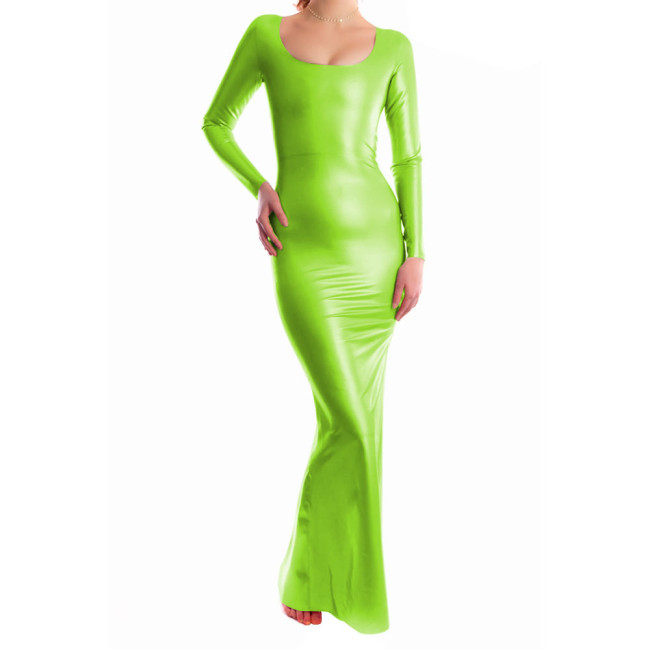 Women Sexy Long Sleeve Low O-neck Solid Long Dress Slim Fit High Waist Elegant Autumn Bodycon Zipper Back Leather Evening Dress