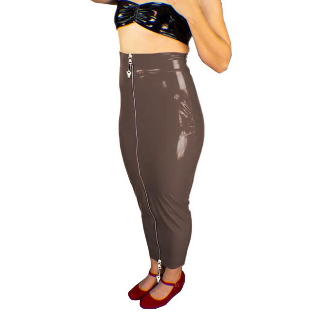 New Lockable Hobble Skirts Female Patent Leather Bodycon Slim Long Skirts Sissy Shiny Two Way Zipper Pencil Skirts Erotic Fetish