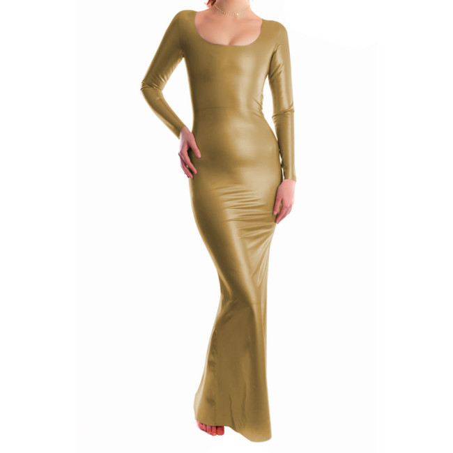 Women Sexy Long Sleeve Low O-neck Solid Long Dress Slim Fit High Waist Elegant Autumn Bodycon Zipper Back Leather Evening Dress