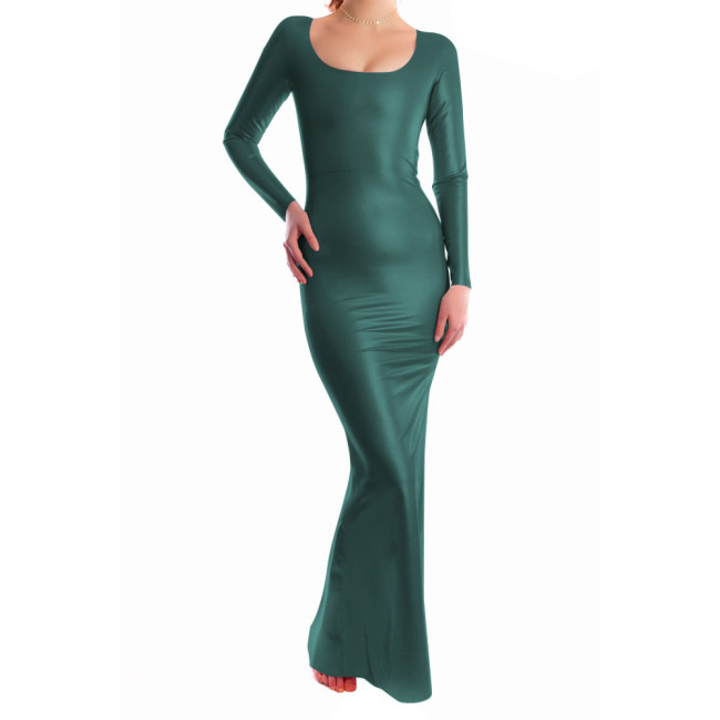 Women Sexy Long Sleeve Low O-neck Solid Long Dress Slim Fit High Waist Elegant Autumn Bodycon Zipper Back Leather Evening Dress