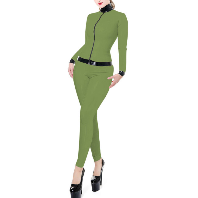 Latex Look Catsuit Women Wet Look Shiny PU Faux Leather Jumpsuits Suit Long Sleeve Zip Bodysuit Clubwear PVC Vinyl Uniform 7XL