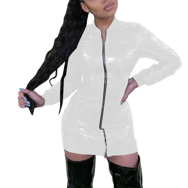 Hot Girls Glossy Bodcon Mini Dress Wetlook Patent Leather Long Sleeve Vestidos Party Night Club Dress Womens Clubwear S-7XL