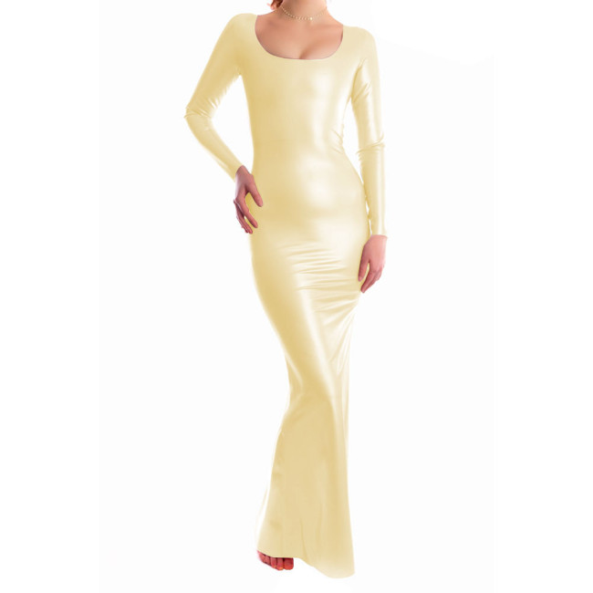 Women Sexy Long Sleeve Low O-neck Solid Long Dress Slim Fit High Waist Elegant Autumn Bodycon Zipper Back Leather Evening Dress