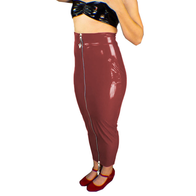 New Lockable Hobble Skirts Female Patent Leather Bodycon Slim Long Skirts Sissy Shiny Two Way Zipper Pencil Skirts Erotic Fetish