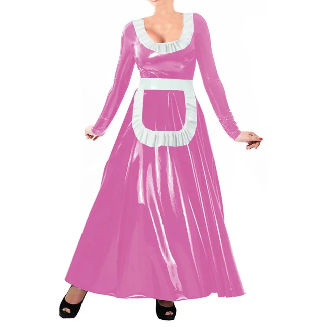 Women Maid Outfit PVC Leather Lolita Dress Cute Kawaii Cafe Service Costume Black White Men Uniform Long Pleated Apron Dress