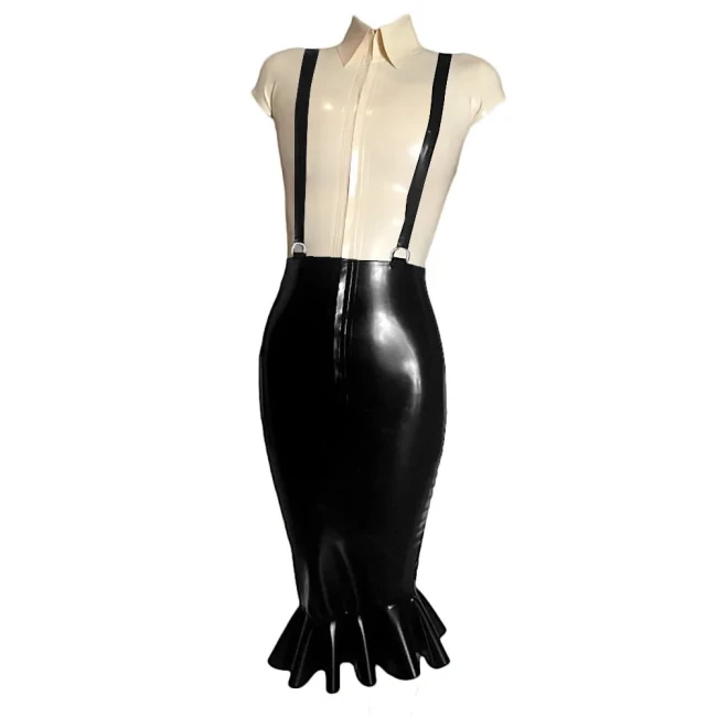 Elegant Women Knee-length Wrap PVC Shiny Skirt Fashion Strap Suspender Bodycon Fishtail Skirts Ladies Slim Fit Mermaid Skirts