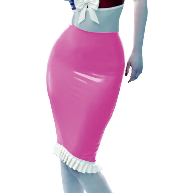 Office Lady Midi Skirt PVC Patent Leather Skinny Pencil Ruffled Skirts Sexy High Waist Women Bodycon Clubwear Streetwear Female