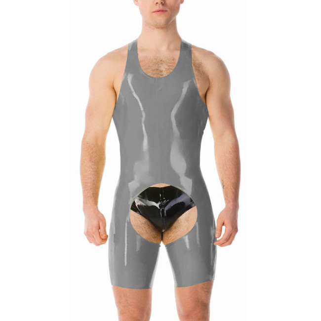 Men Sexy Leather Jumpsuit One Piece Sleepwear Open Crotch Glossy Smooth Tights Sleeveless Lingerie Solid Color Stretchy Bodysuit