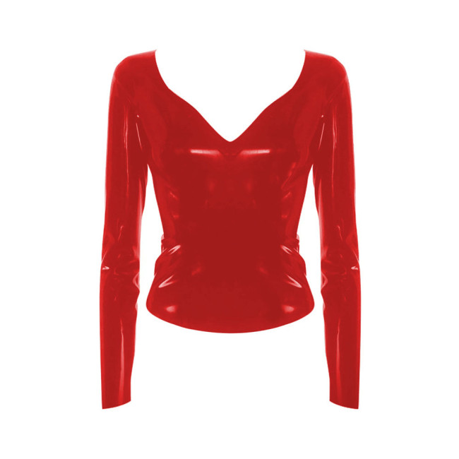 New Women V Neck Bodycon Long Sleeve Shirt Lady Stretch Slim Party Elegant Costume Patent Leather Clubwear Shiny PVC Streetwear