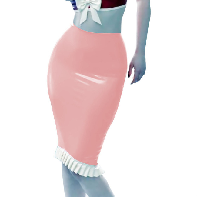 Office Lady Midi Skirt PVC Patent Leather Skinny Pencil Ruffled Skirts Sexy High Waist Women Bodycon Clubwear Streetwear Female