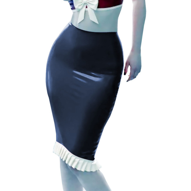 Office Lady Midi Skirt PVC Patent Leather Skinny Pencil Ruffled Skirts Sexy High Waist Women Bodycon Clubwear Streetwear Female