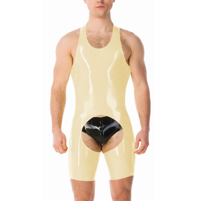 Men Sexy Leather Jumpsuit One Piece Sleepwear Open Crotch Glossy Smooth Tights Sleeveless Lingerie Solid Color Stretchy Bodysuit